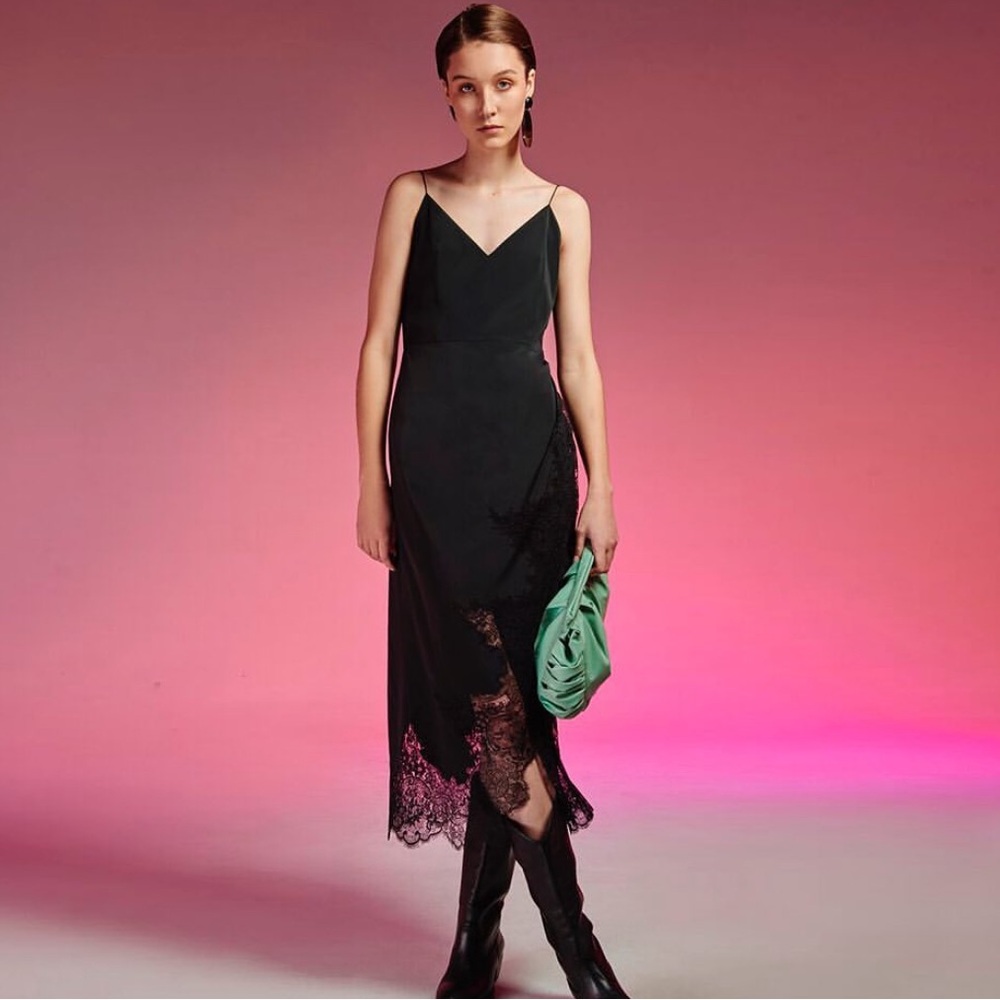 NWT Lake Studio thin strap black silk w/ lace trim  dress size 6-8 Ukraine 44